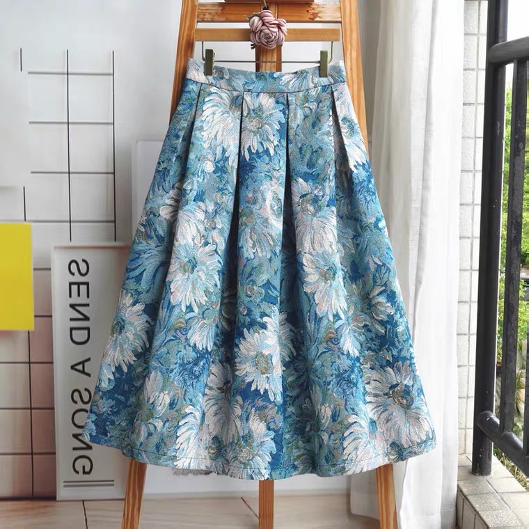Painted Jacquard High Waist Umbrella Skirt, Embroidered Blue And White Porcelain Oil Painting Skirt, Bouffant Skirt, Vintage Skirt