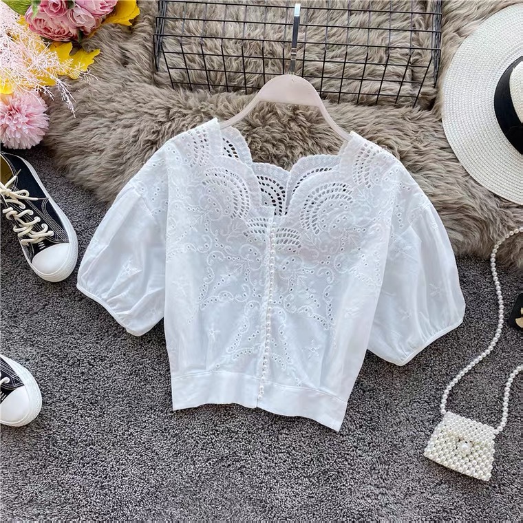 Vintage, Lace, Temperament V-neck, Hollow-out All-match Short Sleeve Shirt, Short Style Chic Bubble Sleeve Blouse