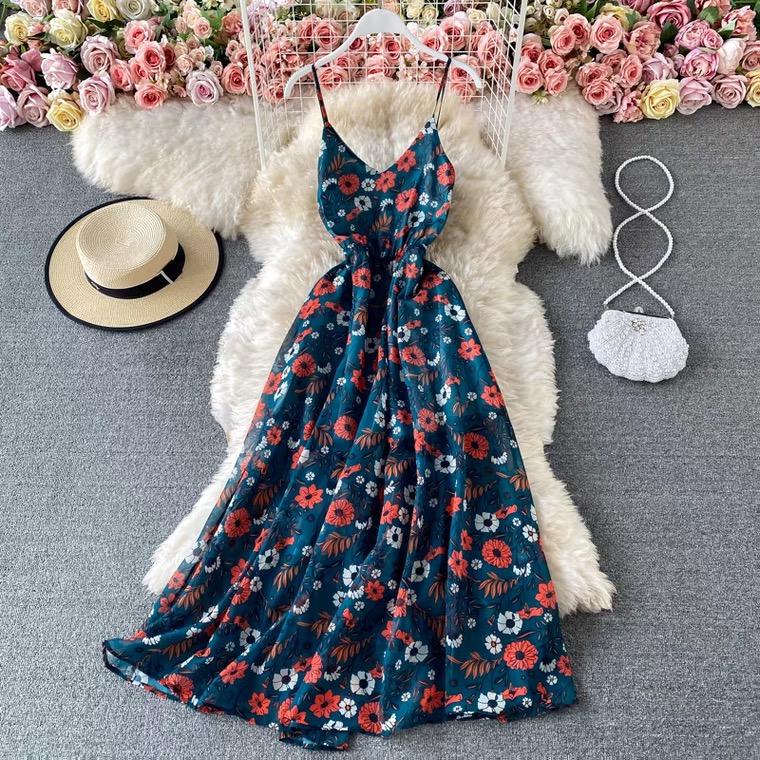 V-neck floral chiffon dress, temperament halter beach dress, seaside holiday dress