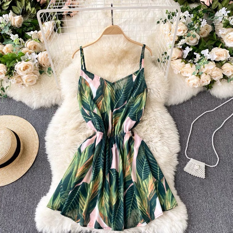 Tropical Floral Printed Leaf, V-neck, Backless Mini Dress, Halter Dress