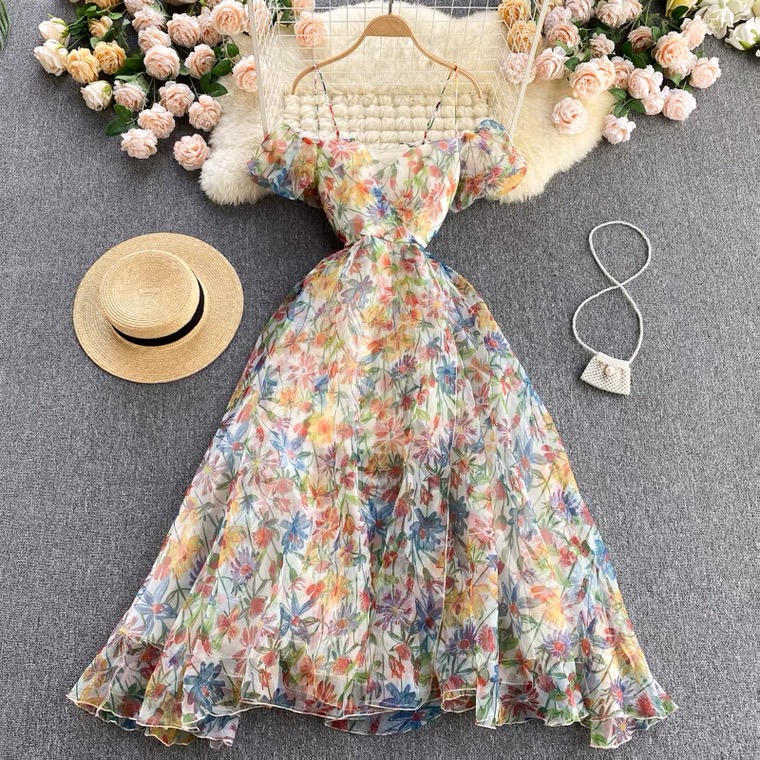 Famous socialite style, high quality dress, backless floral dress, sexy, off-the-shoulder halter dress