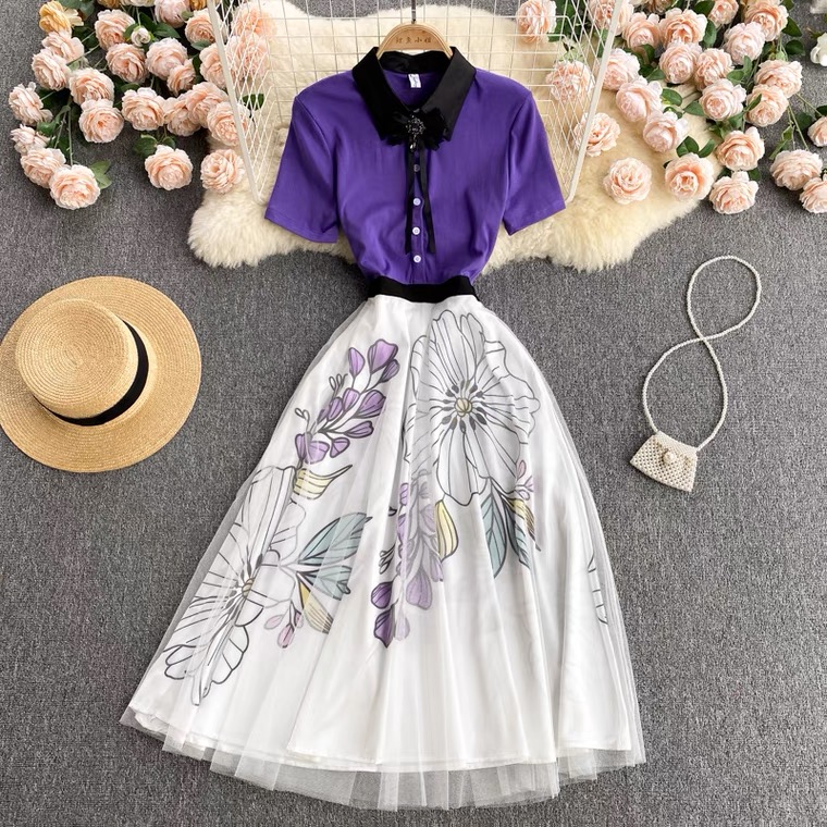Offices dress, POLO collared short sleeves contrast color Mosaic fairy dress