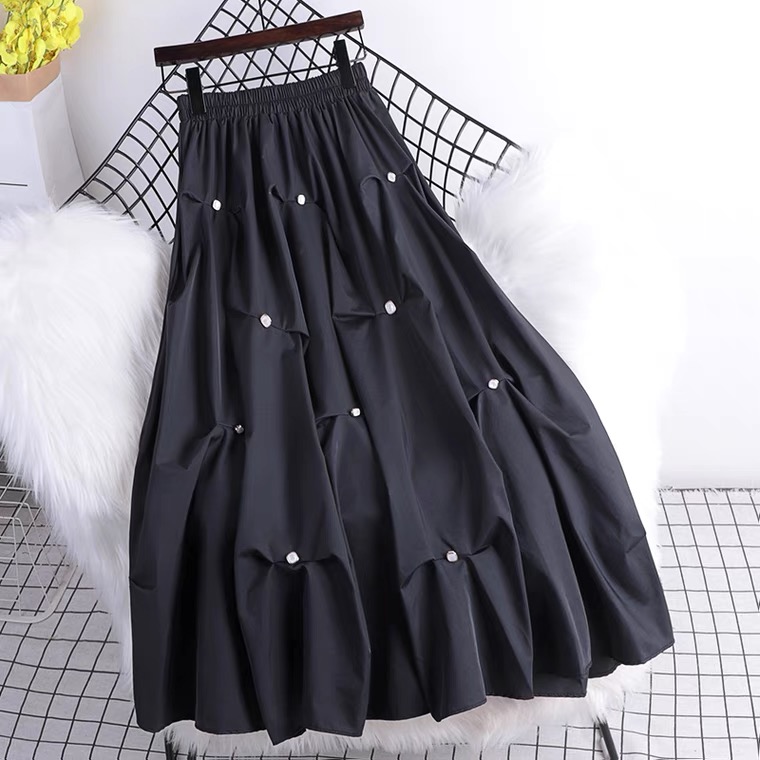 Black/white Solid Skirt, Beaded Puffy Skirt, Casual, Full Skirt