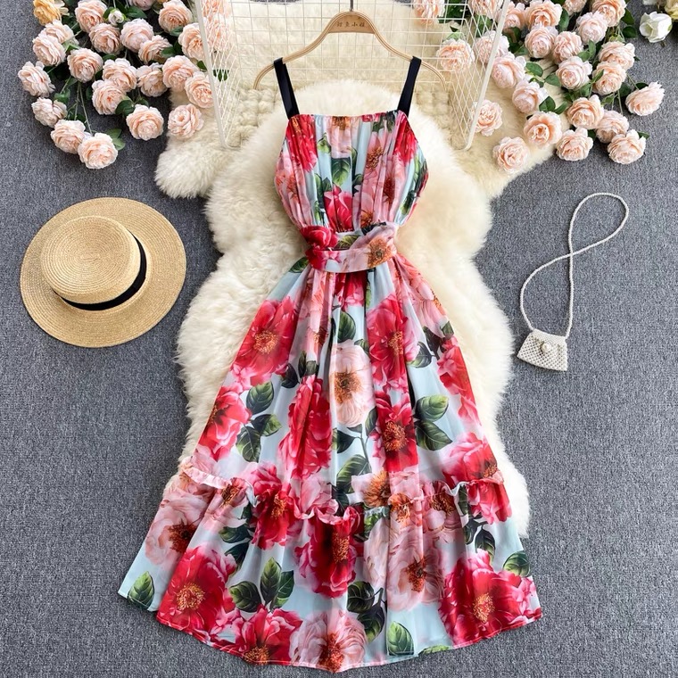 Elegant Printed Dress Dress ,fairy Elegant Chiffon Dress, Spaghetti Strap Holiday Dress