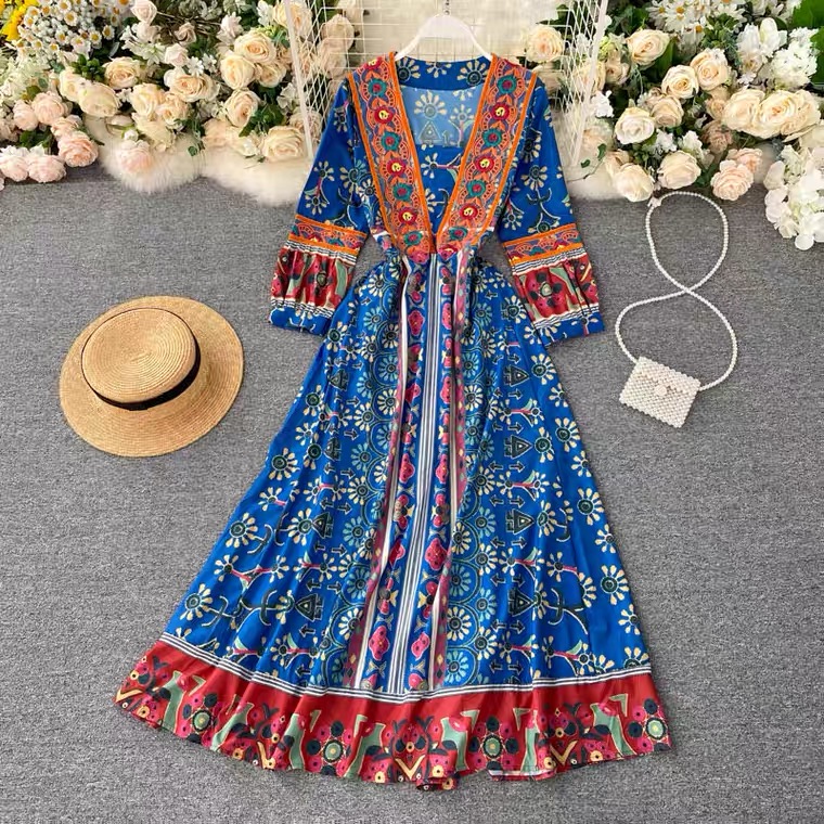 Travel Shoot Holiday Dress,vintage, Ethnic Style, Printing, Patchwork Bubble Sleeve Fairy Dress