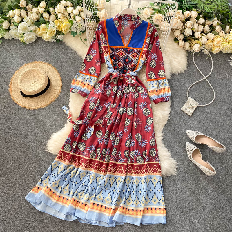 Bohemian, Ethnic Dress, Vintage, Printed, Contrasting V-neck, Long Sleeves, Belted Waist, Large Beach Dress