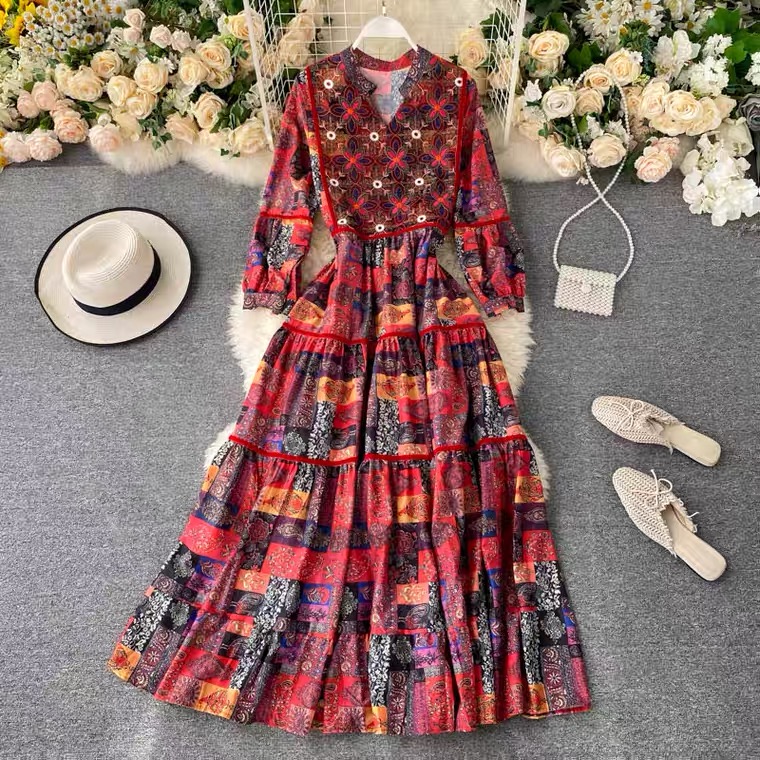 Vintage, Ethnic Style, Print Holiday Dress, Temperament V-neck Tie Waist  Dress on Luulla