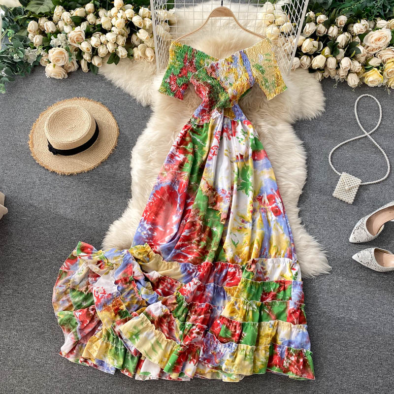 Cross Stretch Slim Dress, Tie-dye Printed Goddess Dress, Holiday Dress