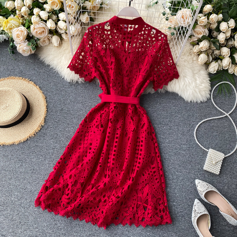 Vintage, Socialite Temperament Dress , Hollow-Out Lace Short-Sleeve Dress