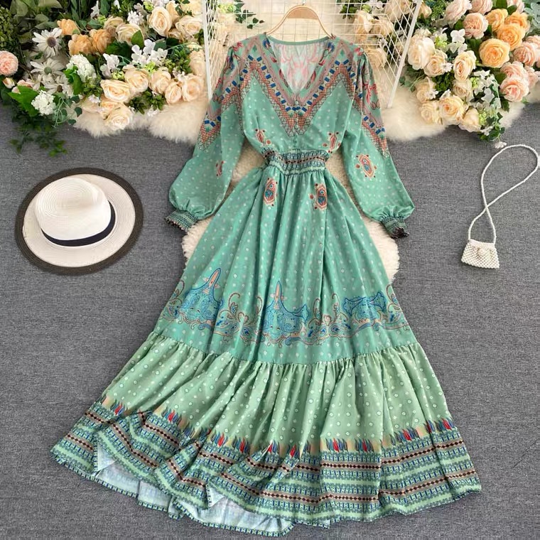 Fairy Dress, V Neck ,printed ,long Sleeves Flounces Midi Dress