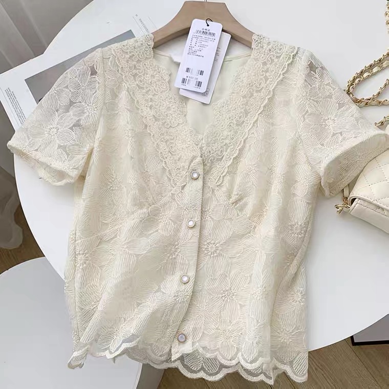 Lace Embroidered Hollow Top, Single - Breasted Blouse