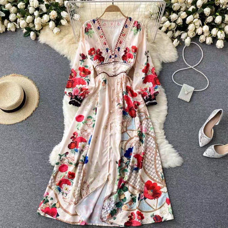 Sexy, Deep V-neck, Breasted Slim Long Printed Dress, Bubble Sleeve Dress