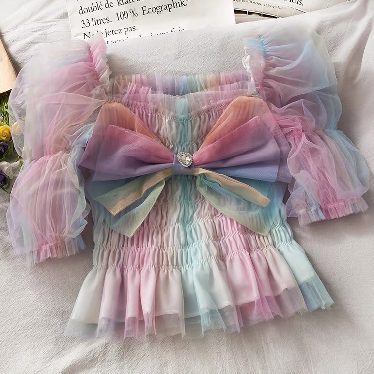 Color Gradient, Short Flounce Lace Top, Summer, Pleated Bow, Super Fairy Mesh Small Shirt