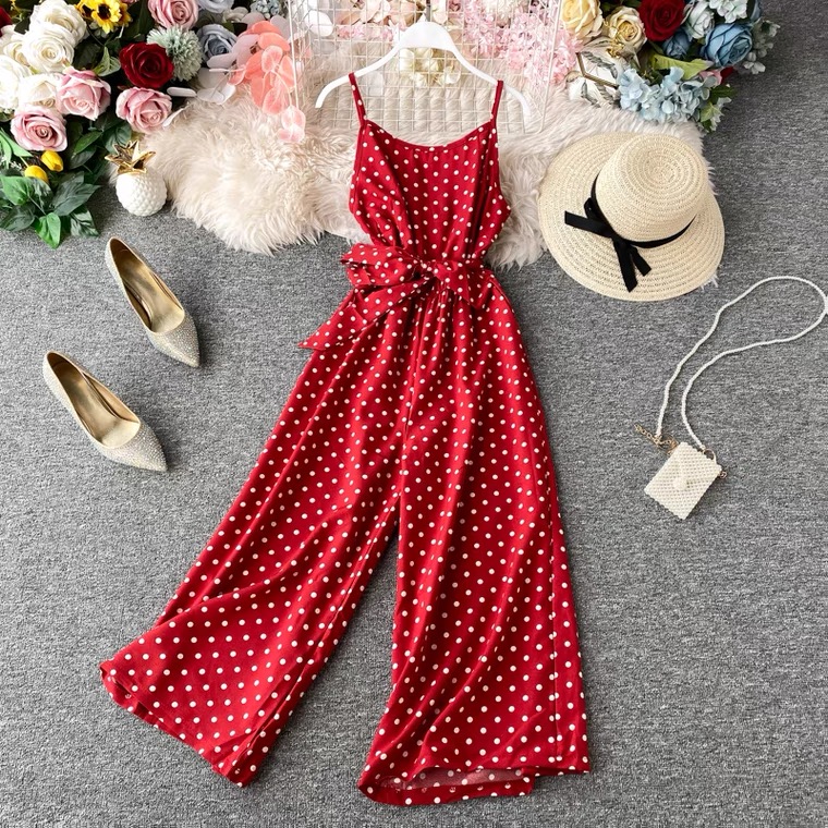 Fashion, Sleeveless Backless Wave Point Halter Jumpsuit, Leisure Style High-waisted Wide-leg Jumpsuit