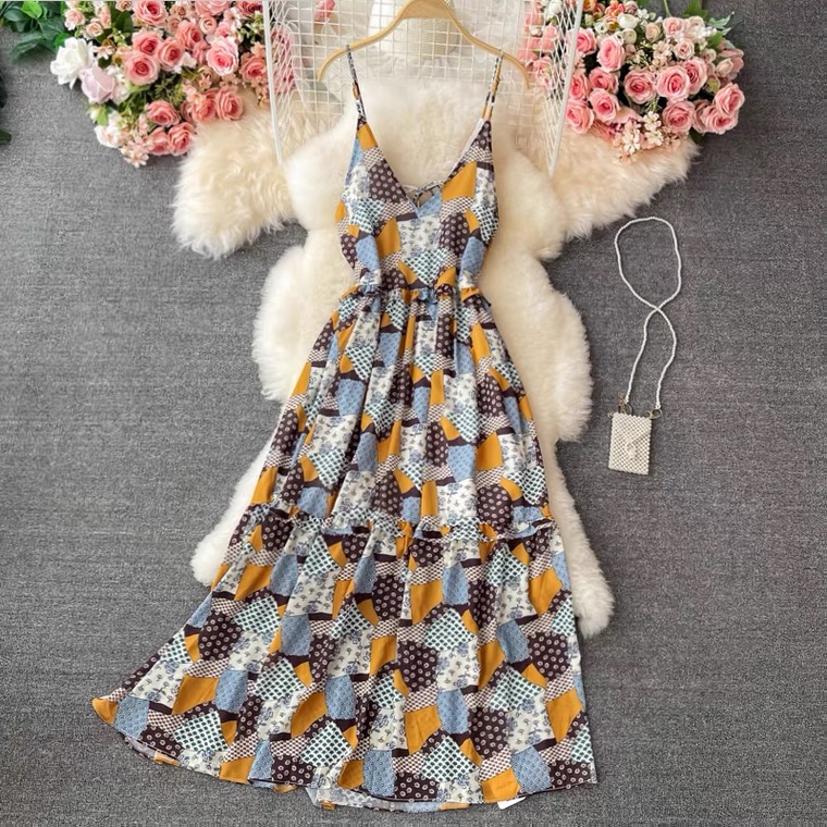 Super Fairy Loose Big Dress, Beach Holiday Dress, Printed Halter Dress