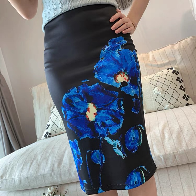 New style, high Fanny bodycon print skirt, ink painting slit stretch skirt