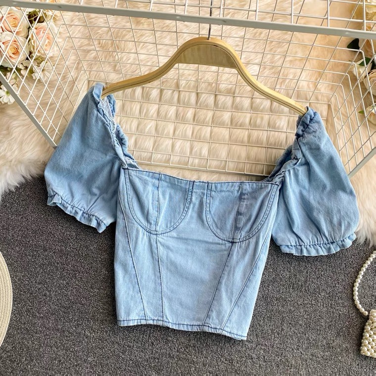 Vintage, Square-necke Denim Shirt With Bubble Sleeves, Summer, Spice Girl Short Shirt