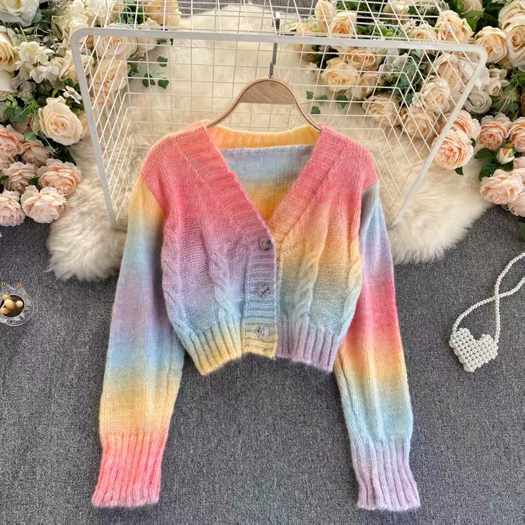 Gentle, Autumn And Winter, All-match Rainbow Stripe Knitted Cardigan, Short Sweater