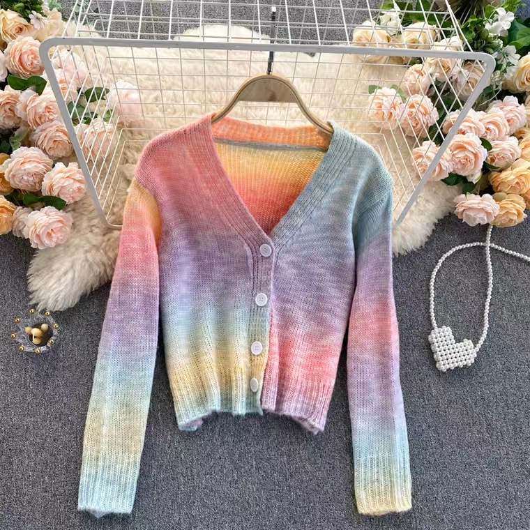 Gentle Wind, Gradient Rainbow Sweater, Ladies Cardigan, Overcoat Knit Top