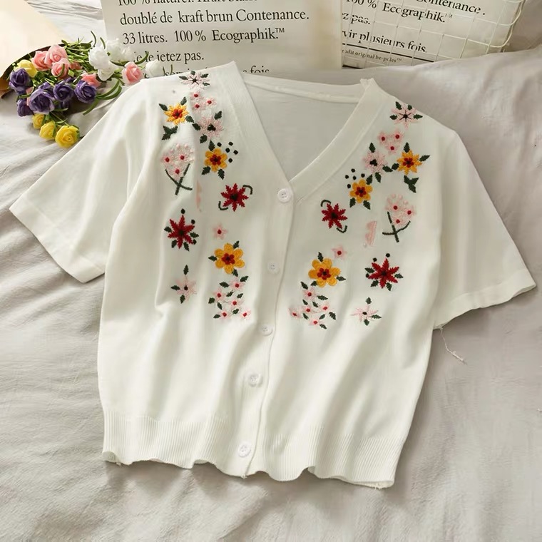 Vintage, Embroidered Single-breasted Cardigan Short-sleeved Top, Short Knit Top