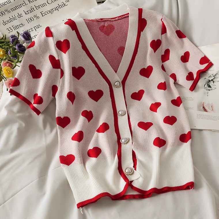 Sweet, Heart-shaped Print V-neck Single-breasted Cardigan Top, Short Sleeve Knit T-shirt