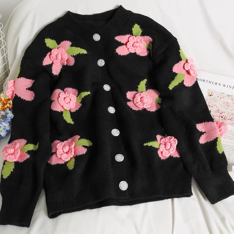 Sweet, Solid Pink Flowers Single-breasted Cardigan Top, Loose Knit Sweater