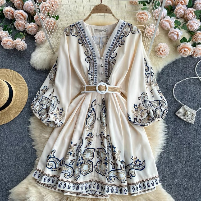 Court Style Dress, Goddess Dress, Temperament, V-neck Breasted, Short Vintage Print Dress