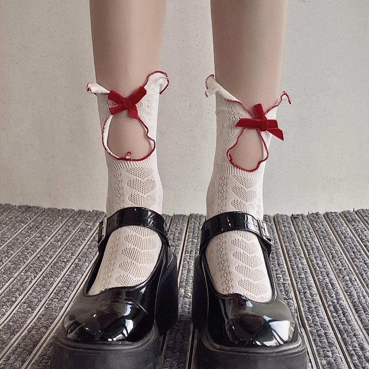Three pairs,Vintage, girl JK socks, red velvet bowknot, cotton love hollow socks