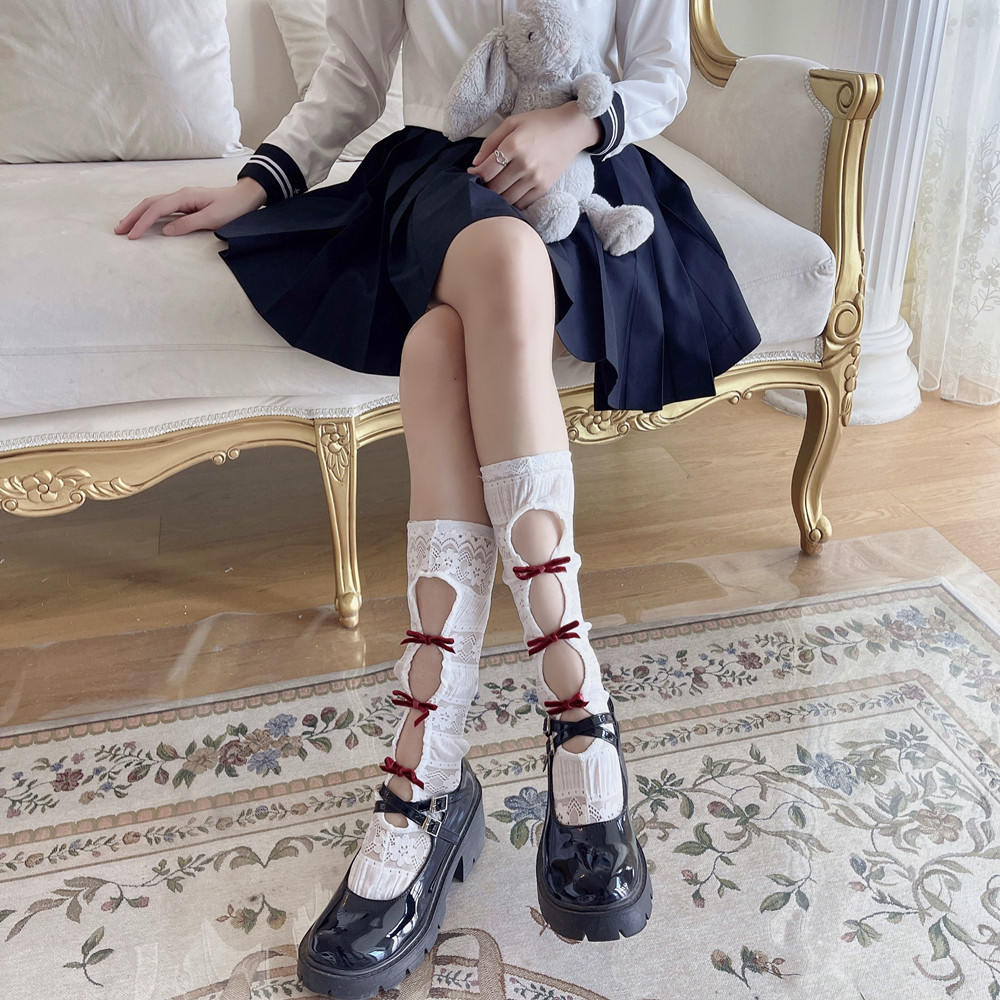 Three pairs on sale,Sweet, satin hollowed-out bows, lace stockings, dark lolita leg socks