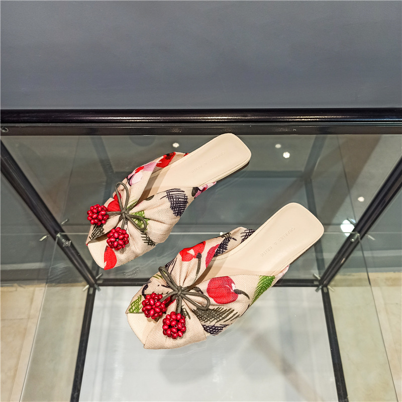 Ladies' Sandal, Floral Bowtie, Ball-embellished Slippers, Printed Flat Muller Shoes