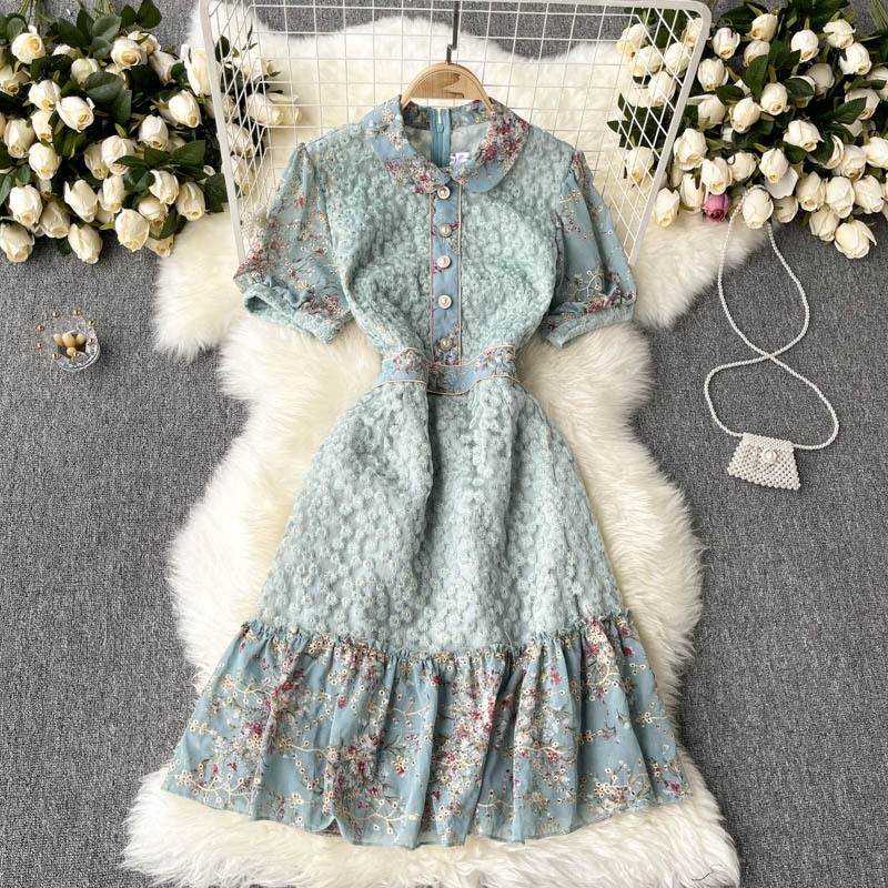 Bubble Sleeve, Slim Short Sleeve Dress, Heavy Embroidery Dress