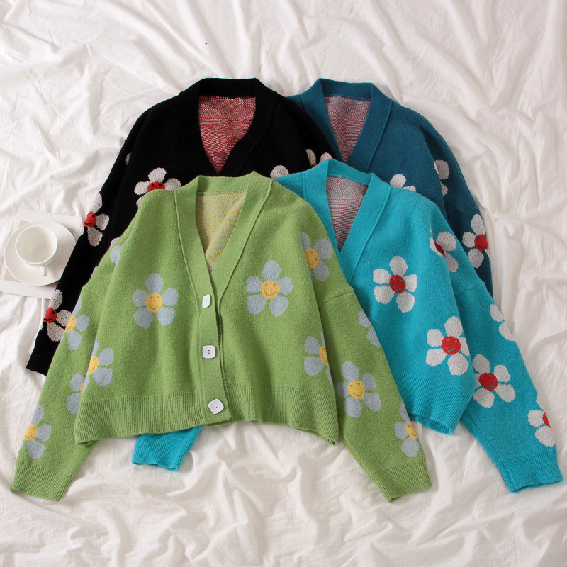 Preppy, Floral Knit Coat, Loose, V-neck, Spring And Autumn Cardigan