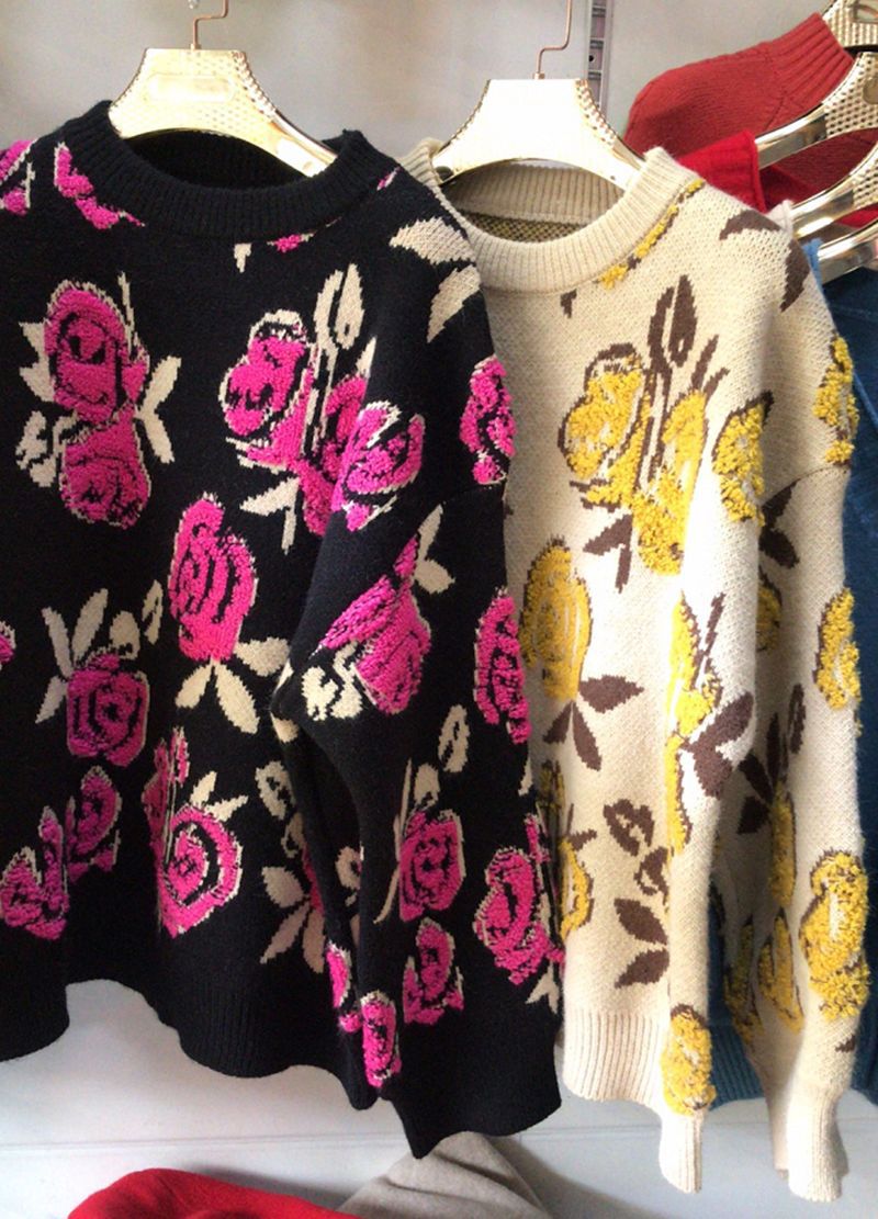 Rose Flower Pullovers, Loose, Warm Vintage Knits