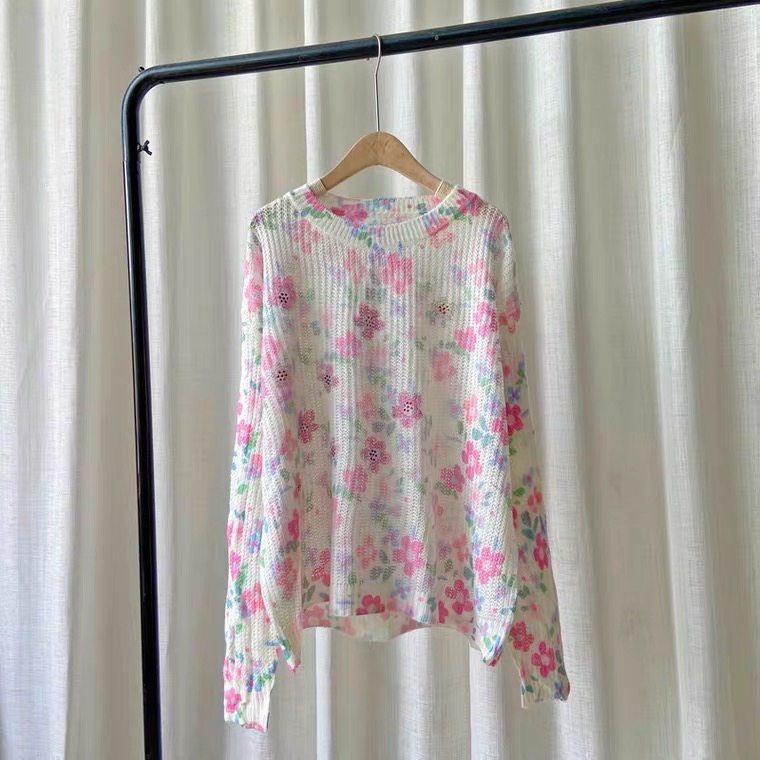 Sweet Flower Wool Sweater, Thin, Diamond Craft Sweater, Small Fresh Pink Hollow Out Top