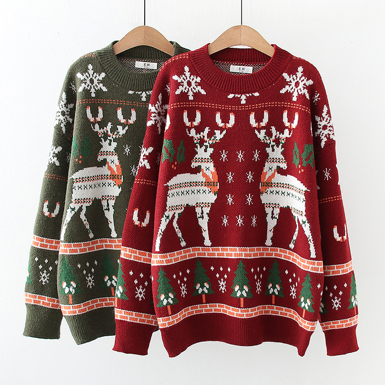 Christmas Snowflake Deer Jacquard Knit, Fall/winter Round Neck Loose Bottom Sweater, Pullover Sweater