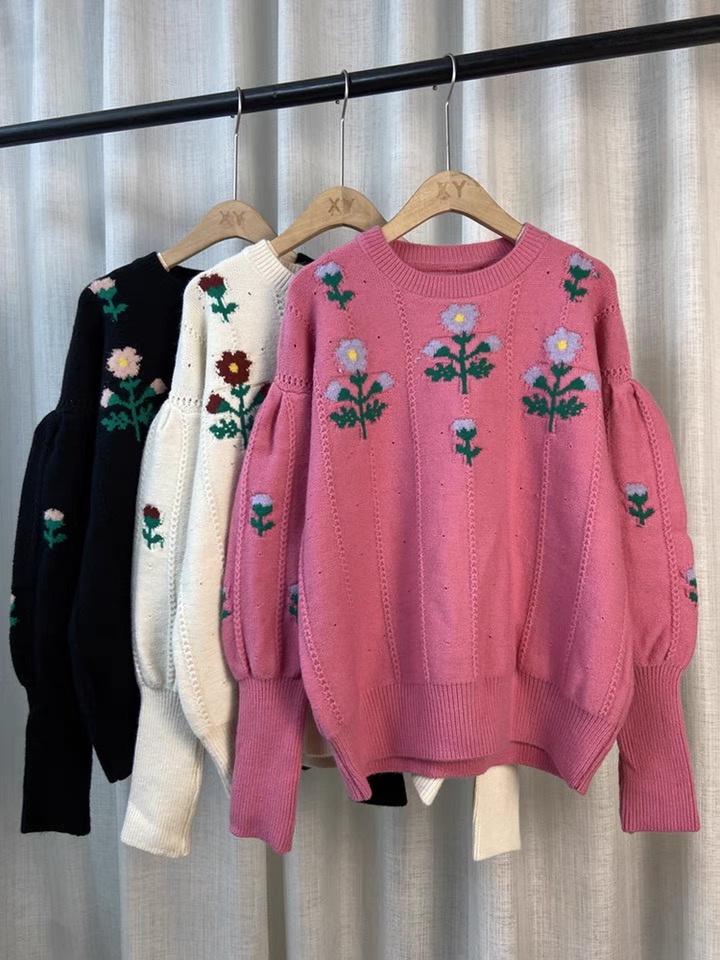 Temperament Flower Sweater, Vintage, Jacquard Lantern Sleeve Jumper, Fall Outerwear Top
