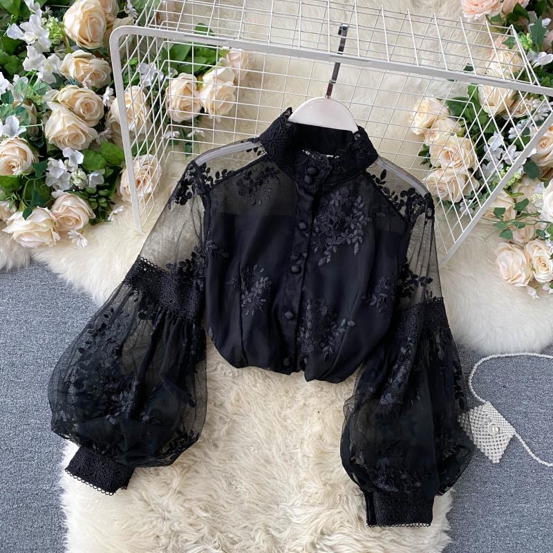 Vintage,tulle lace blouse, stand collar three-dimensional embroidery, bubble sleeve slim shirt