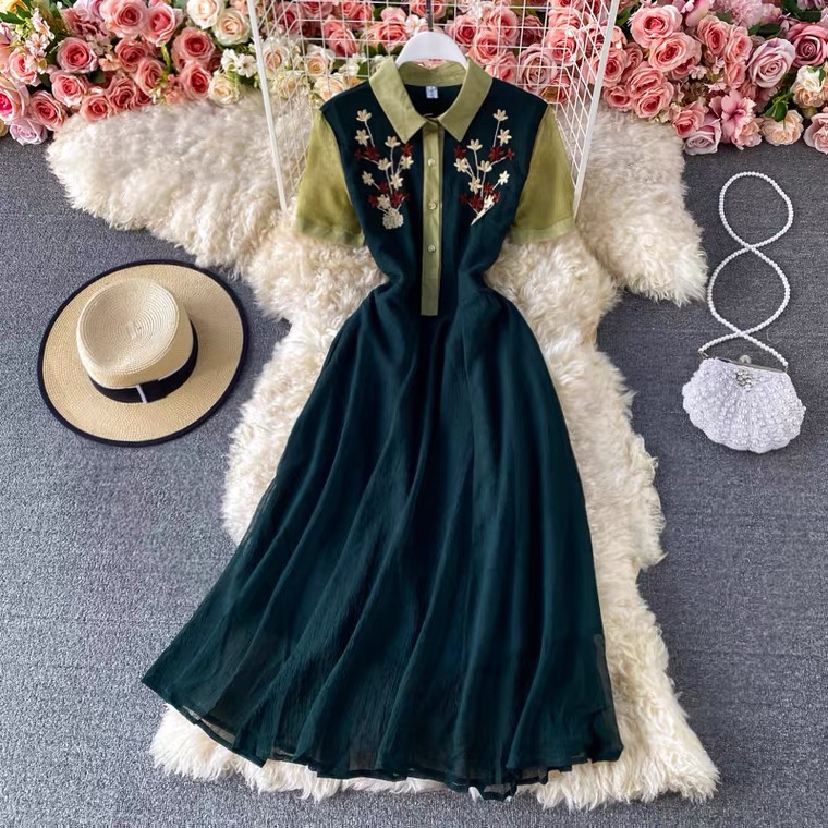 Elegant Waist Embroidery Dress, Shirt Collar Chiffon Dress, Slim Length A-line Dress