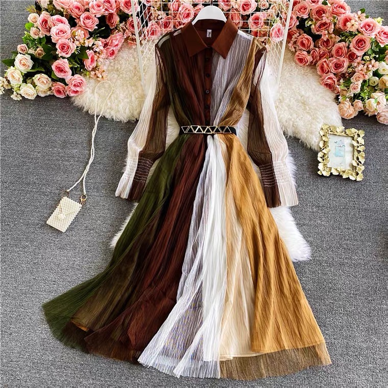 Contrast Color Mosaic Tulle Dress, Lantern Sleeves, Goddess, Temperament,polo Collar ,waist Big Swing Dress