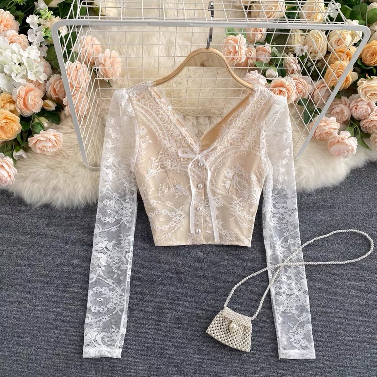 Chic Style, Sweet Lace Long Sleeve Blouse, Hollow Out, Backless, Short Holiday Small Top