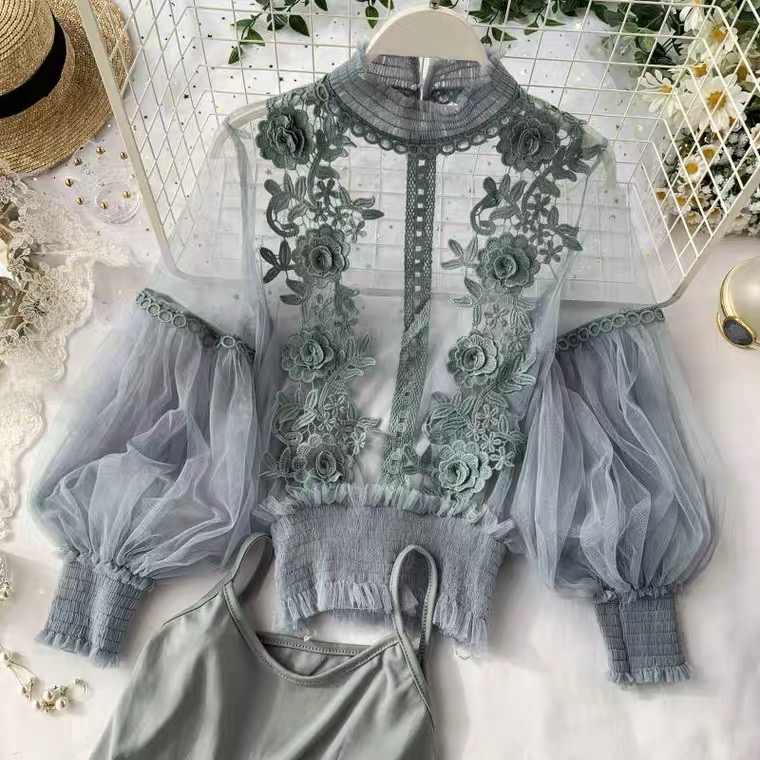 Sweet, Mesh, Half High Collar, Three-dimensional Lace Flowers, Lantern Sleeve Suspenders Two Sets, Lace Blouse