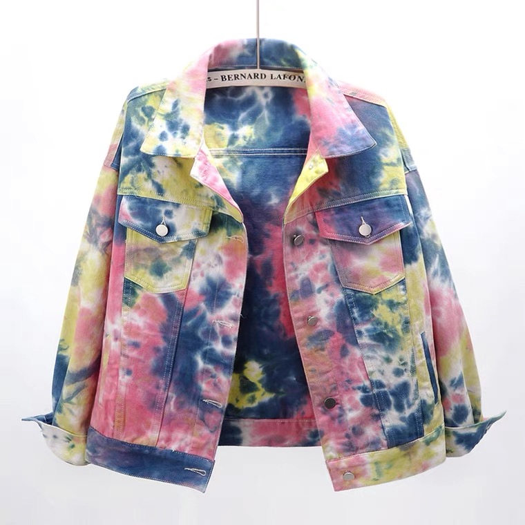 Ink Printing Tie-dye Color Short Jeans Coat, Loose Bf All-match Jacket