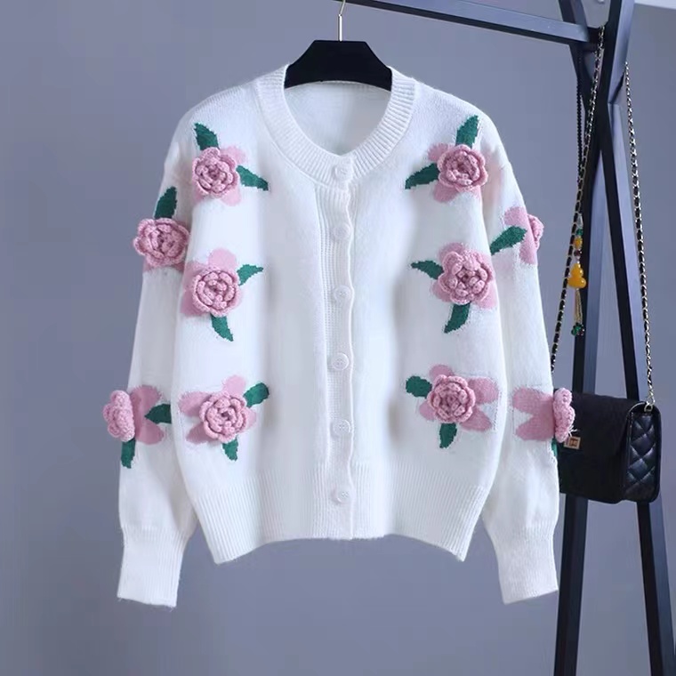 Autumn, Crew-neck Cardigan, Heavy Three-dimensional Embroidery Flower Sweater Coat
