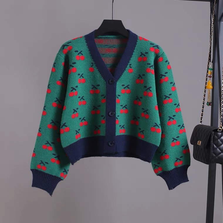 V-neck Short Knit Jacket, Cherry Jacquard Cardigan