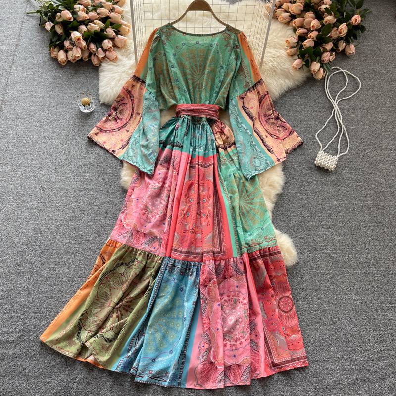 Bohemian Elegant Print Patchwork Square Collar Printed Dress Dresses