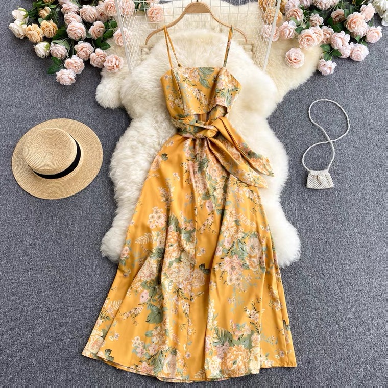 Yellow Holiday Dress, Floral Dress, Goddess , Hollow Strap Waist Long Dress