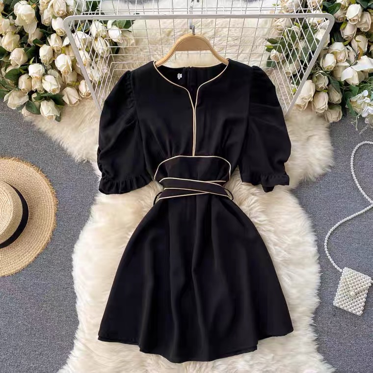 Short Sleeve Dress, Contrast Color Hemline, Short Puffed Sleeve Little Black Dress