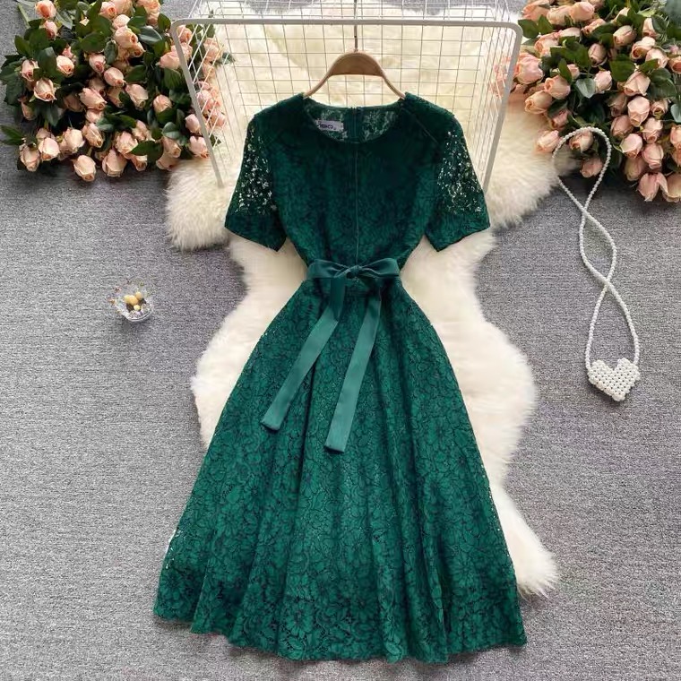 Noble, Elegant, Temperament, Round Neck Slim Mid Length Dress,vintage, Dark Green Lace Dress