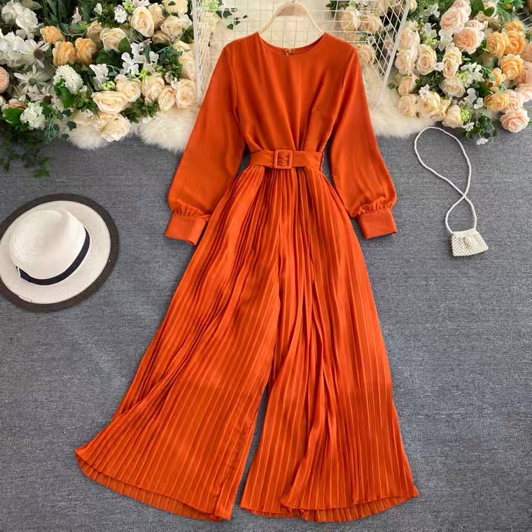 Autumn And Winter, Solid Color, Temperament, Round Collar, Long Sleeves, Waist And Lace Pleated Wide-leg Trousers Jumpsuit