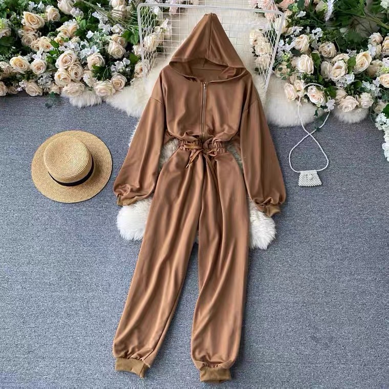 Fashion hoodie style jumpsuit, new fall casual hooded zipper cardigan, long sleeve loose wide leg pants